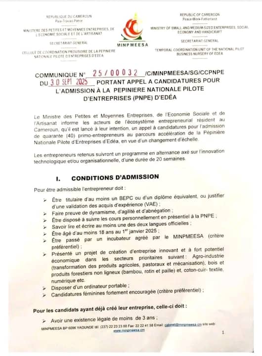 🚀 Call for Applications!
The 🇨🇲 Ministry of SMEs is recruiting 40 first-time entrepreneurs for a 20-week acceleration program at the National Pilot Business Incubator (PNPE) in Edéa!
📅 Deadline: Nov 23, 2025 – 3:30 PM
Apply now &amp; scale your business!
#PNPE #CameroonStartups