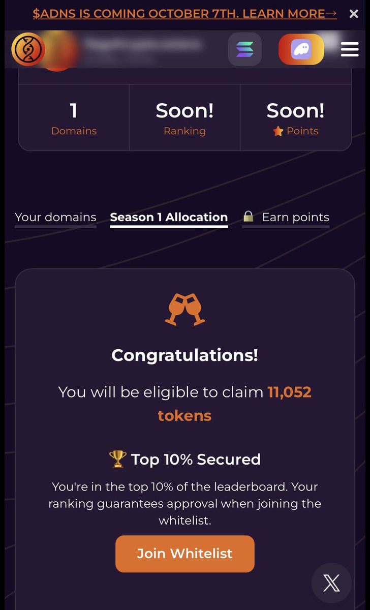 Just checked my allocation on AllDomains 🚀
I’m eligible to claim 11,052 $ADNS tokens 🎉

Even more exciting 👉 I made it to the Top 10% 🔥
Whitelist spot secured, can’t wait for what’s next! 💎✨

#AllDomains @AllDomains_FDN