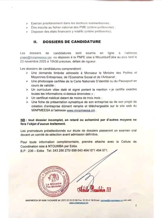 🚀 Call for Applications!
The 🇨🇲 Ministry of SMEs is recruiting 40 first-time entrepreneurs for a 20-week acceleration program at the National Pilot Business Incubator (PNPE) in Edéa!
📅 Deadline: Nov 23, 2025 – 3:30 PM
Apply now &amp; scale your business!
#PNPE #CameroonStartups