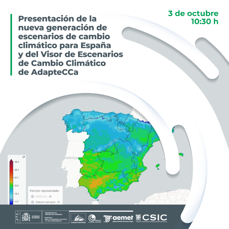 FBiodiversidad's tweet photo. 📢 No te pierdas el evento de presentación de la nueva generación de escenarios de #CambioClimático para España y del Visor de Escenarios Climáticos de #AdapteCCa

🗓️ Mañana, 3 de octubre
🕙 10:30h

🤝 Junto a @AEMET_Esp @CSIC @mitecogob #OECC

🔴 Síguelo #EnDirecto