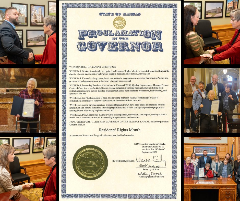 October is Residents’ Rights Month in Kansas!

<a href="/GovLauraKelly/">Governor Laura Kelly</a> has officially proclaimed October 2025 as Residents’ Rights Month! 🏛️💜

This special month celebrates the dignity, rights, and individuality of nursing home residents across our state—and highlights the importance of