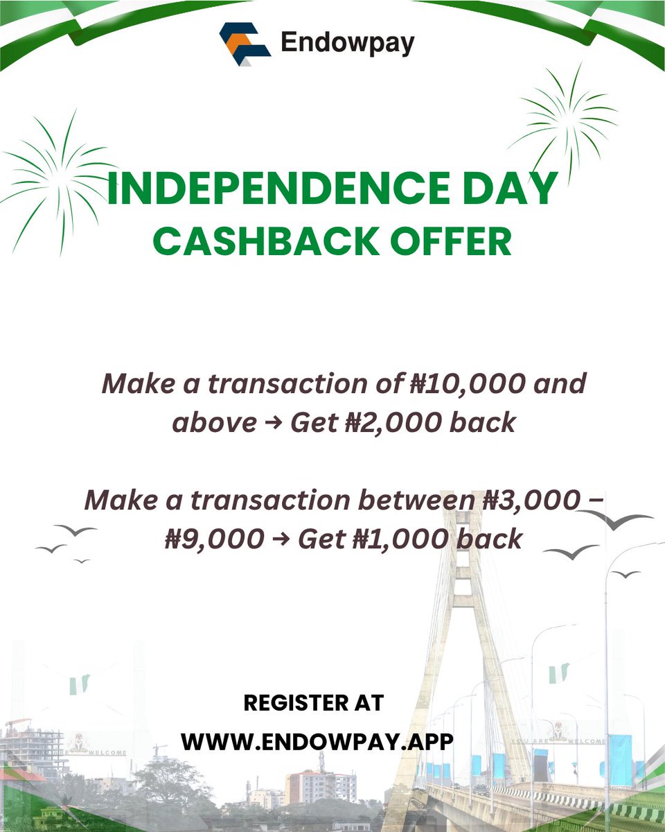endowpay's tweet photo. #October1st
Happy Independence Day!To celebrate, Endowpay is giving you a special cashback offer. It's the perfect time to handle your transactions and get rewarded for it.
Sign up and make a transaction at https://t.co/KHF2EubTTK.
#October1s https://t.co/V78KJQGU5x