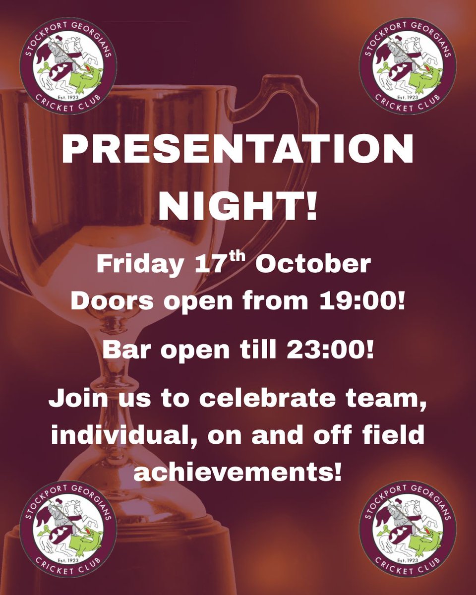 🏆PRESENTATION NIGHT🏆

Head down to Georgians on the 17th Oct from 7:00pm for our awards night!

It’s always a great night to celebrate individual and team achievements from the summer.

Bar will be open, see you there!🏆

Well done to all involved! Enjoy the celebrations! 🍻❤️