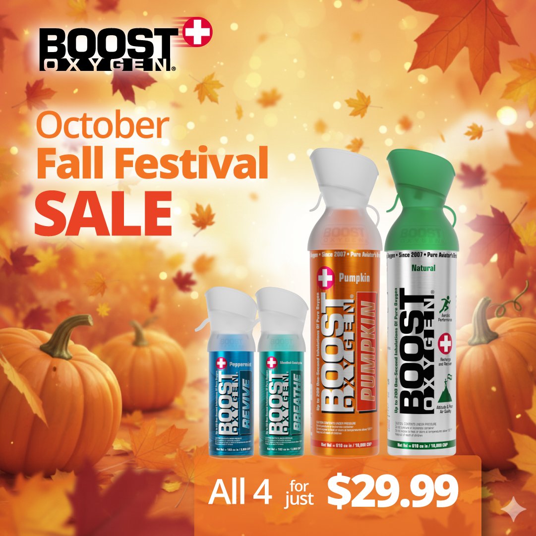 🚨🎃 SHOP OUR OCTOBER FALL FESTIVAL SALE TODAY: boostoxygen.com/product/octobe…

Welcome to Autumn and Fall Festival season! As the weather cools and you spend more time outdoors enjoying the Fall foliage (and maybe pumpkin picking) remember to Breathe BETTER with Boost Oxygen.

Our