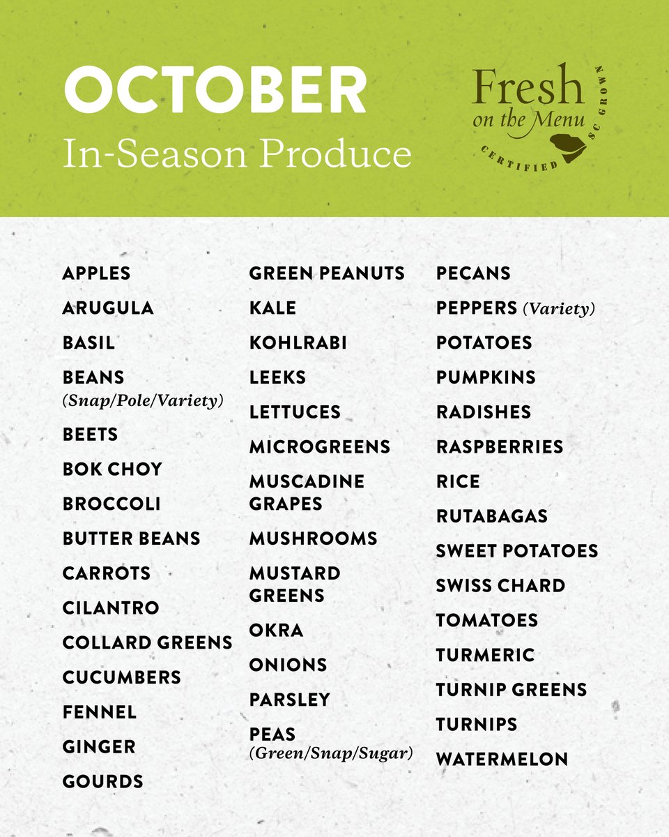 FreshOnTheMenu's tweet image. Falling 🍂 for the in-season South Carolina produce showing up in grocery stores and farmers markets. Look for the @Certified_SC symbol when doing your shopping to support local all year round!