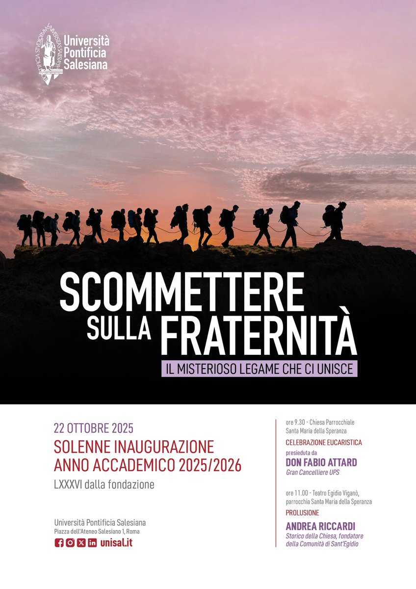 📢 Inaugurazione anno accademico 2025/26

🗓️ 22/10/25 l’Università Pontificia Salesiana inaugura ufficialmente il nuovo anno accademico

🎶 Una giornata di riflessione, comunità e condivisione che segna l’inizio di un nuovo cammino accademico.