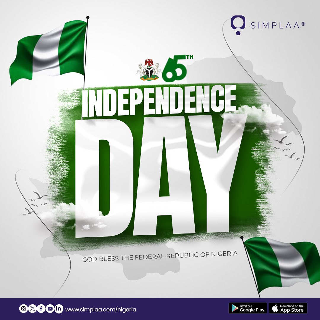 simplaa_ng's tweet photo. Happy 65th Independence Day, Nogeria! 🇳🇬 🎉

At Simplaa, we believe true independence means freedom to move, connect, and explore.
Today, we celebrate a nation on the move, strong, united, and unstoppable.💚

Here’s to driving Nigeria forward, one ride at a time.🚖

#NigeriaAt65 https://t.co/s9vp4oVyuv