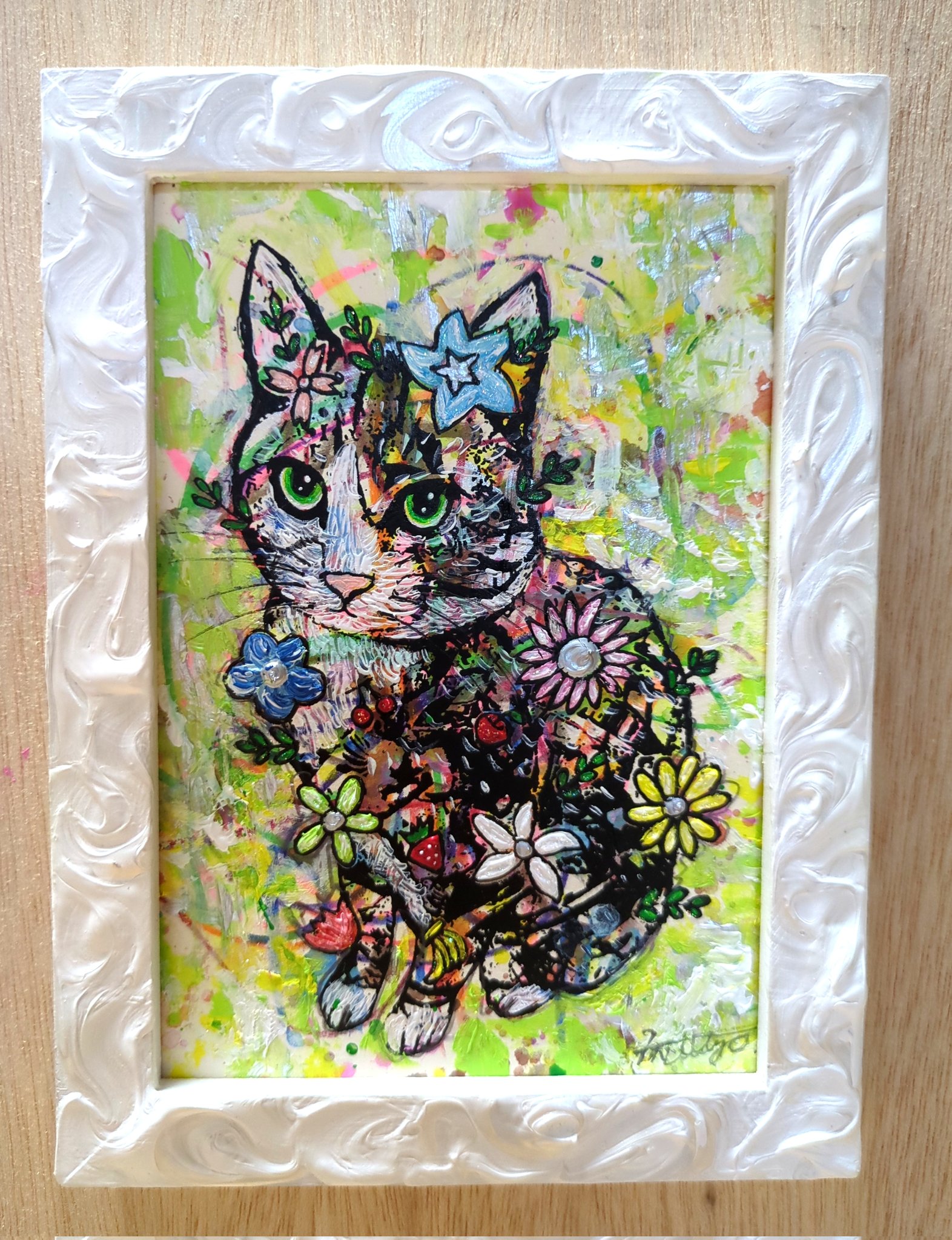 手作り額付き銅版画応用絵画　title「きらめきニャンコ」 額付き銅版画応用絵画 title「よりそい猫」 額付き銅版画応用