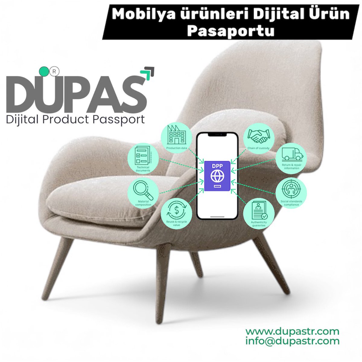 Eko Tasarım Yönetmeliği kapsamında Mobilya ürünlerinin Dijital Ürün Pasaportu uygulaması DÜPAStr tarafından sektörel olarak sağlanmaktadır. 🇹🇷