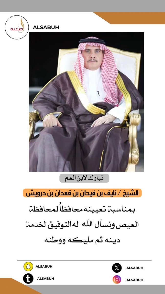 نبارك لابن العم الشيخ / نايف بن فيحان بن قعدان بن درويش بمناسبة  تعيينه محافظاً لمحافظة العيص
