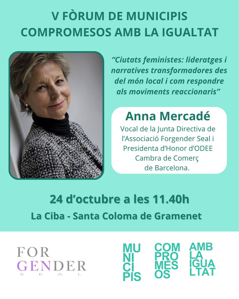 🟣#Agenda V Fòrum de Municipis Compromesos amb la Igualtat. 
👌🏽Amb la participació de l'<a href="/anna_mercade/">Anna Mercade i Ferrando</a> <a href="/odeecambra/">DonaEmpresaEconomia</a>  <a href="/lideratge_50a50/">50a50 Lideratge Compartit</a> 
📆24 d'octubre de 9h a 14.30h a <a href="/la_ciba/">La CIBA</a> 
👉🏽Programa: city50.distintiudegenere.cat/v-forum-de-mun…
👉🏽Vols venir a escoltar les ponències? 
 forms.office.com/pages/response…