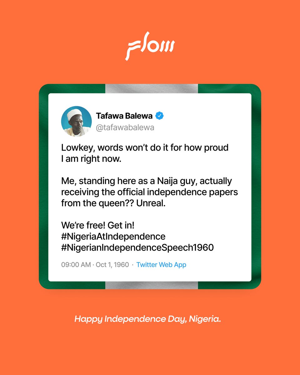 winwithflow's tweet photo. For Independence Day, we imagined what it would look like if X (Twitter) existed on October 1st, 1960.
Swipe through a reimagination of Nigeriaโs Independence Day announcements, Flow style.
Happy Independence Day, Nigeria!
#NigeriaAt65 #WinwithFlow https://t.co/SSXmHVQCJQ