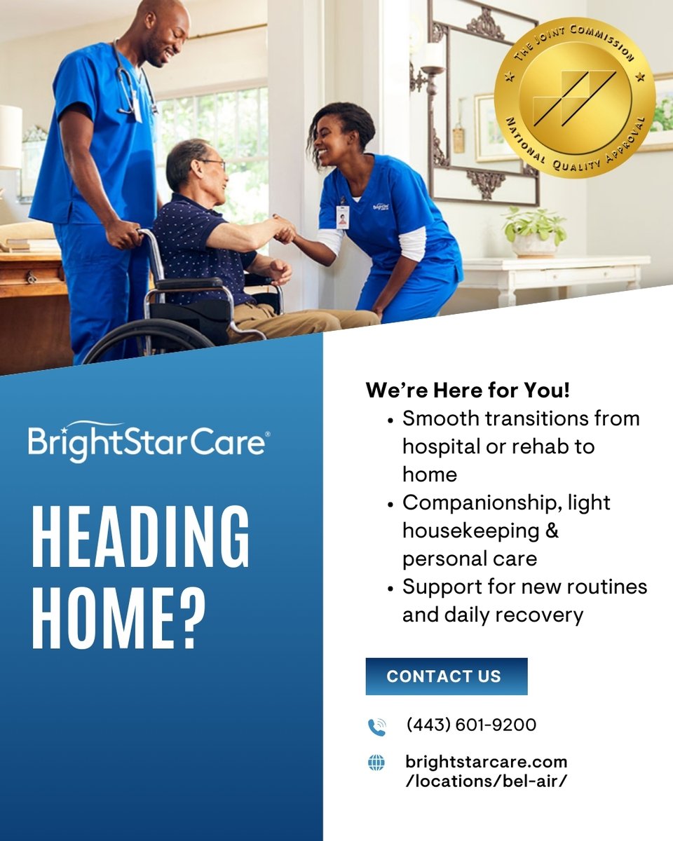 MTambo410's tweet image. Making the transition home after a hospital stay or rehab shouldn’t feel overwhelming. BrightStar Care of Bel Air offers short-term transitional care to help make each move home smoother, safer, and less stressful for seniors and families.

#TransitionalCare