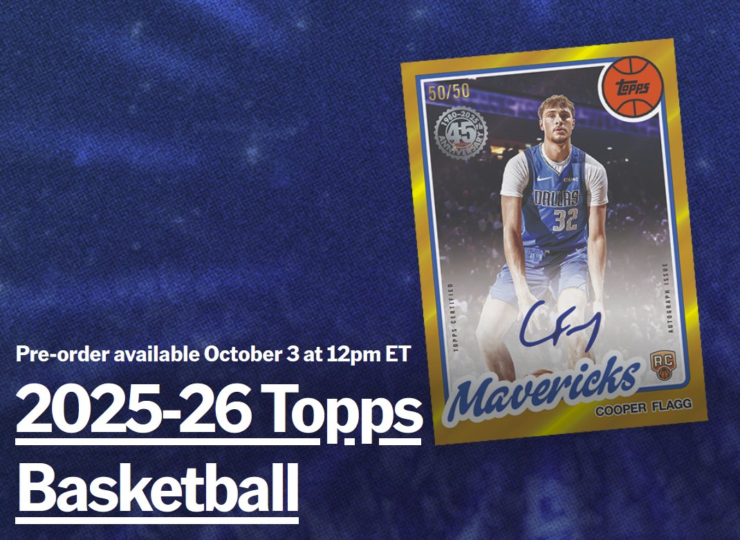 CardPurchaser's tweet image. 2025–26 Topps Basketball pre-order drops Friday, October 3 at 11am central! #ad
Details: thetoppscompany.sjv.io/zxV1Px
