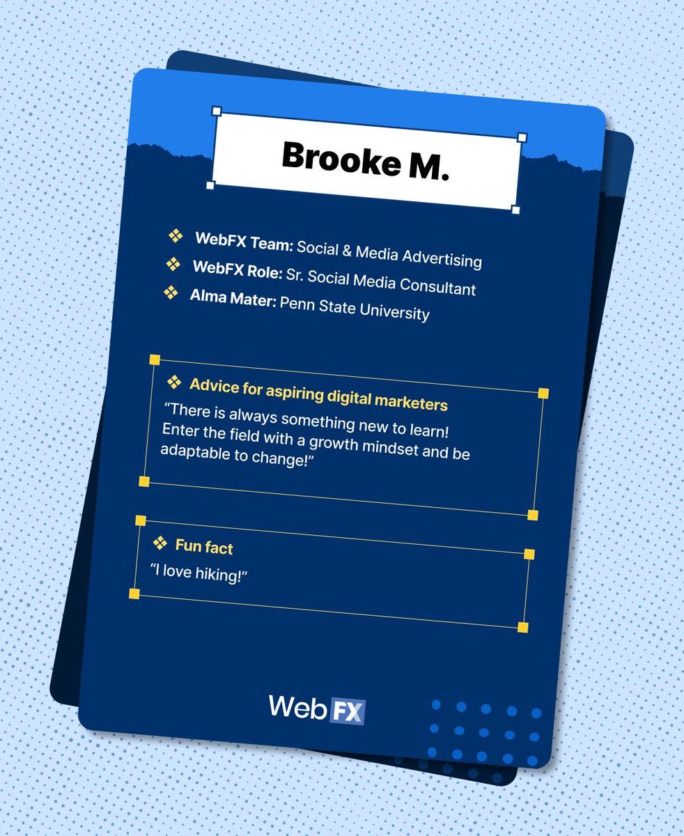webfx's tweet image. Calling aspiring social media professionals! If you&apos;re a college student who wants to learn what a social media marketer does every day, consider registering for WebFX-U!

Brooke, our social media presenter, is ready to answer your questions! For now, though, get to know a little…