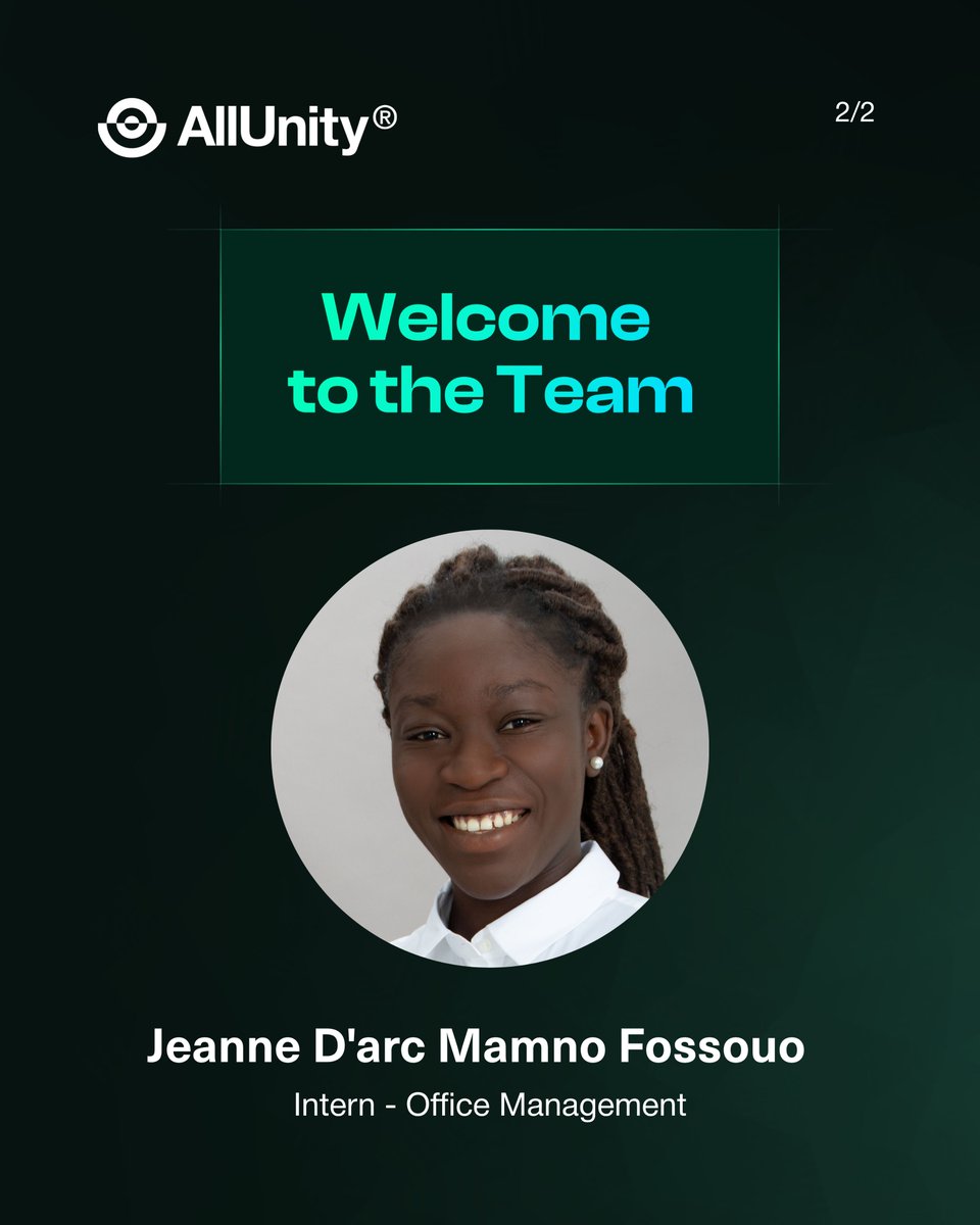 AllUnityStable's tweet image. Welcoming two interns to AllUnity 👋🎓
🚀 Immanuel Robles y Zepf: Intern - Product team. 
🚀 Jeanne D’arc Mamno Fossouo: Intern - Office Management team. 
Welcome aboard, Immanuel and Jeanne. We’re excited to work with you.
 
#AllUnity #JoinAllUnity #EURAU #FutureOfFinance