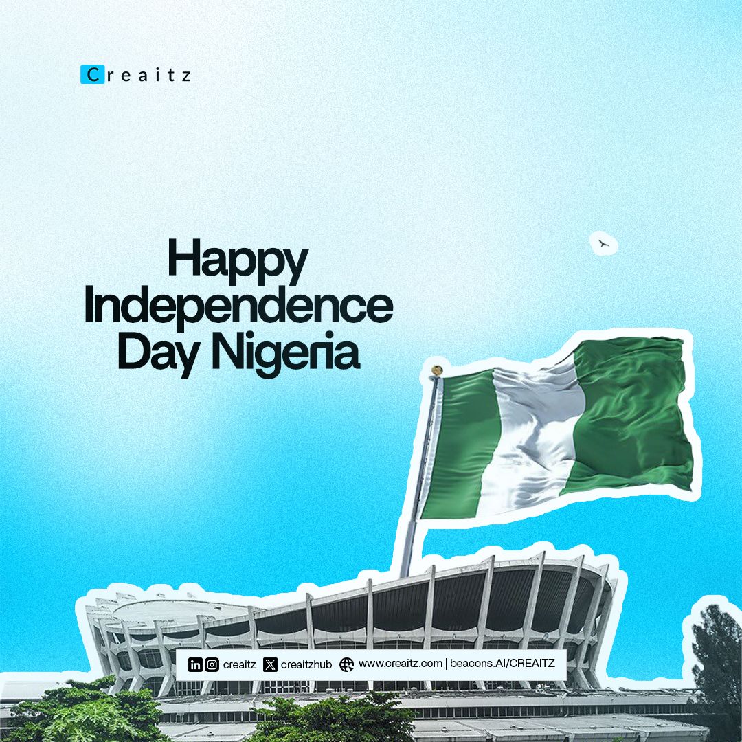 Creaitz HQ (@creaitzhub) on Twitter photo Today marks 65 years since Nigeria took a bold step into independence. 
A journey shaped by struggles and defined by resilience.
The journey continues, and so does the hope for a better Nigeria.
Hereโs to a future of progress, and peace ๐ณ๐ฌ
Happy Independence Day Nigeria! Today marks 65 years since Nigeria took a bold step into independence. 
A journey shaped by struggles and defined by resilience.
The journey continues, and so does the hope for a better Nigeria.
Hereโs to a future of progress, and peace ๐ณ๐ฌ
Happy Independence Day Nigeria!