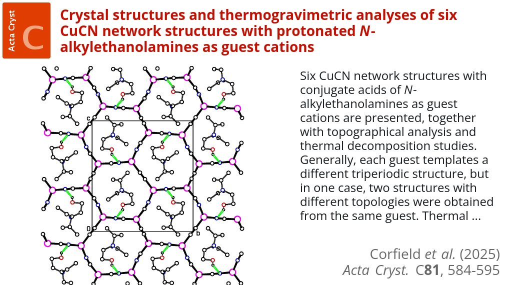 ActaCrystC's tweet image. Six CuCN network structures with protonated N-alkylethanolamines @ActaCrystC doi.org/10.1107/S20532… @FordhamNYC #crystalstructure #copper #cyanide #network #thermogravimetric #TGA #ethanolamine #cuprophilic #interaction #topology #crystallography