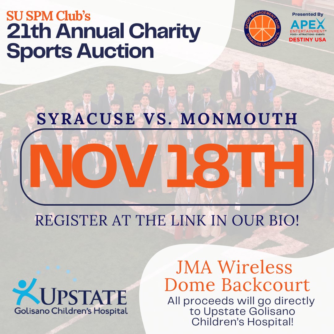 SPM_Auction's tweet photo. The Dome is booked, the items are in, and the date is set! We can't wait to see you all in the backcourt on November 18th when @Cuse_MBB takes on Monmouth!
Register here so you are ready to bid come auction day: https://t.co/nEOwu98DWf https://t.co/bZVLz9v4r2