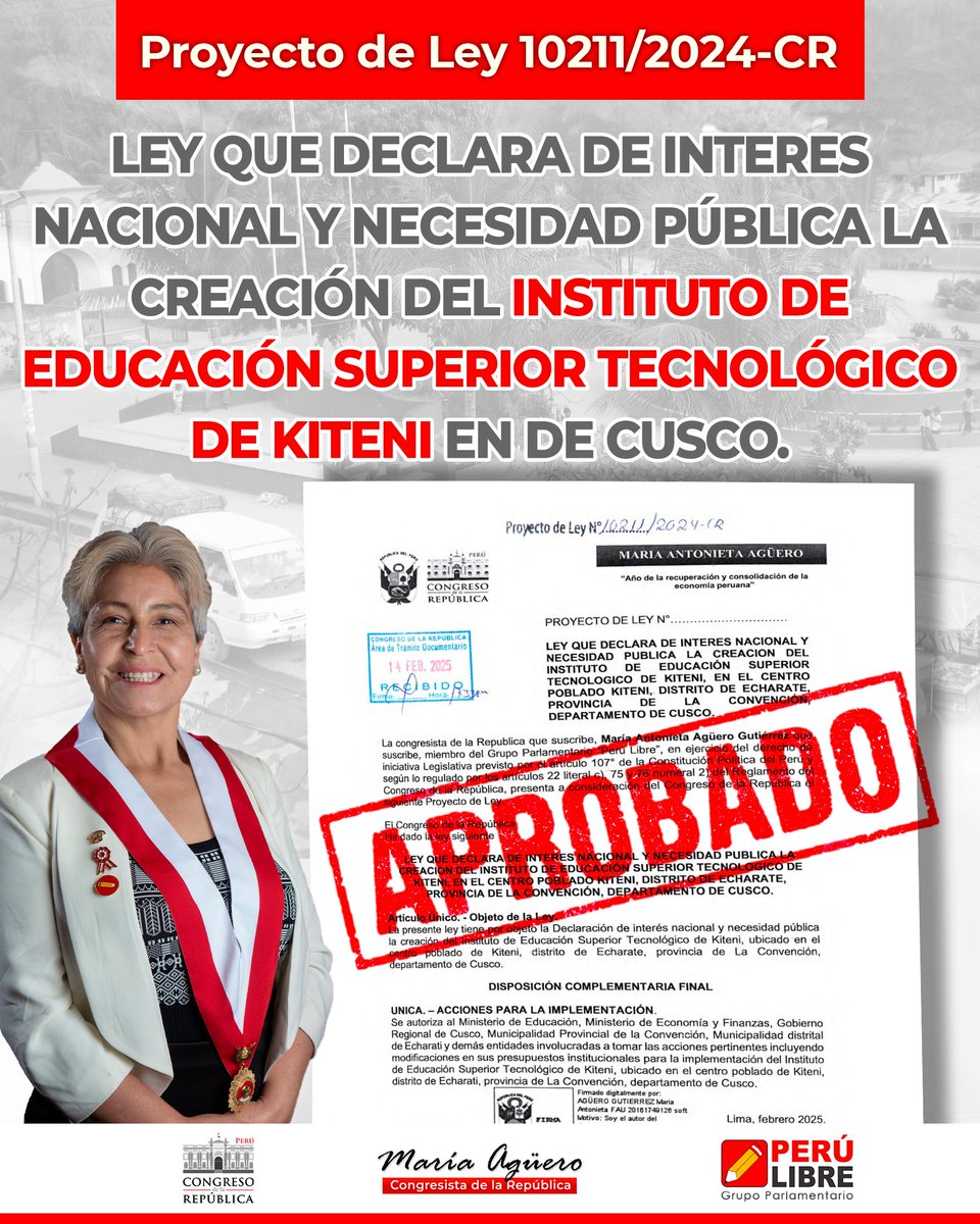 MariaAguerogut1's tweet image. #APROBADO | 📚 El Pleno aprobó mi PL 10211/2024-CR, que declara de interés nacional la creación del Instituto Tecnológico de Kiteni (Echarate, La Convención, Cusco).
✊ ¡Educación para el pueblo, justicia para la patria!
#Cusco #EducaciónPública #PerúLibre