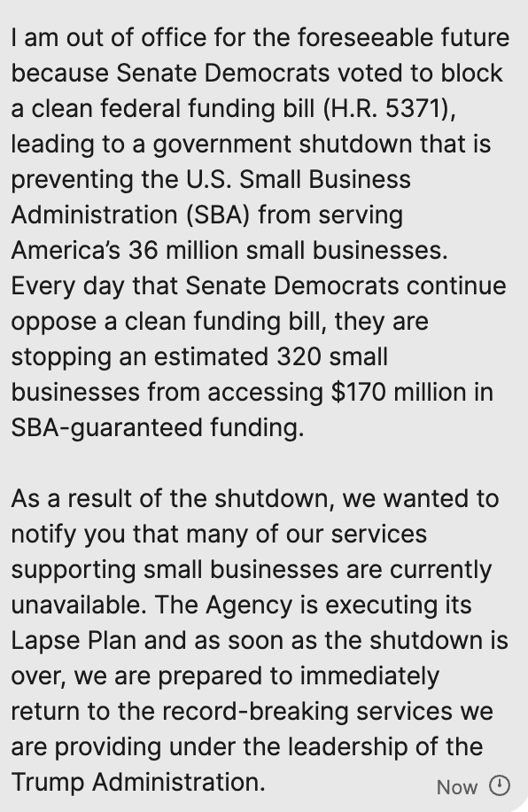 ddayen's tweet image. This is the text that workers at the Small Business Administration are being asked to make their out-of-office message for the duration of the shutdown, the Prospect has learned. Some are refusing.