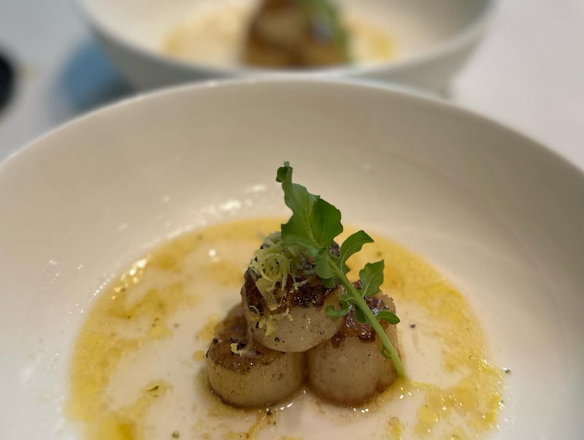 Rollen5667's tweet image. A taste of the ocean’s finest — perfectly seared giant scallops, bathed in butter sauce and topped with fresh greens. A true masterpiece on a plate. 🥂 #FineDining #GiantScallop #Gastronomy