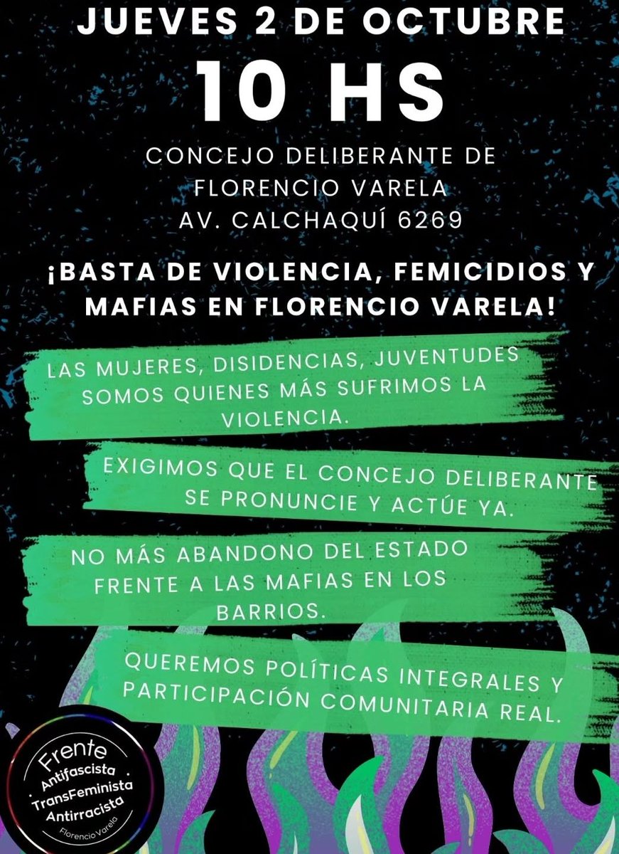 Convocatoria del Frente Antifascista Transfeminista y Antirracista de Varela 💪🏽

Este jueves 2/10 a las 10 hs nos encontramos en el Concejo Deliberante de Florencio Varela para exigir respuestas frente a los femicidios, la trata y las violencias que atraviesan nuestro territorio.