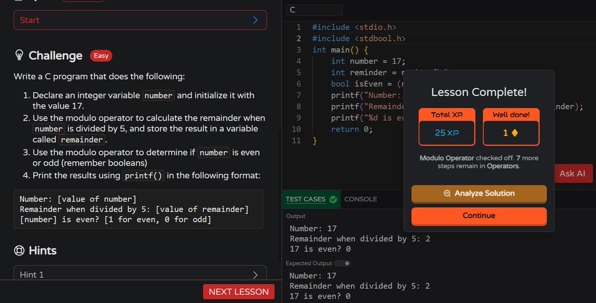 MoniTechCodes's tweet image. Day 58
Cracked the power of % in C 💻🧮 – from remainders to even/odd checks! #100DaysOfCode #30NitesOfCode #CodingJourney
codedex.io/community/30-n…