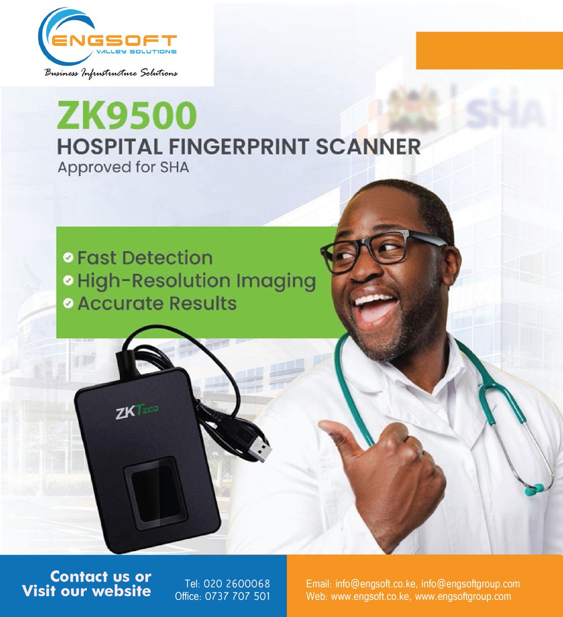EngsoftKenya's tweet photo. Taifa care and SHA Rollout is transforming Kenya's health care. The ENGSOFT ZKteco 9500 optical fingerprint scanner is leading the biometric health ID revolution. High resolution scanning that works on dry, wet or rough fingertips. 
https://t.co/puPWEIYd7o https://t.co/qDolHCX9Es
