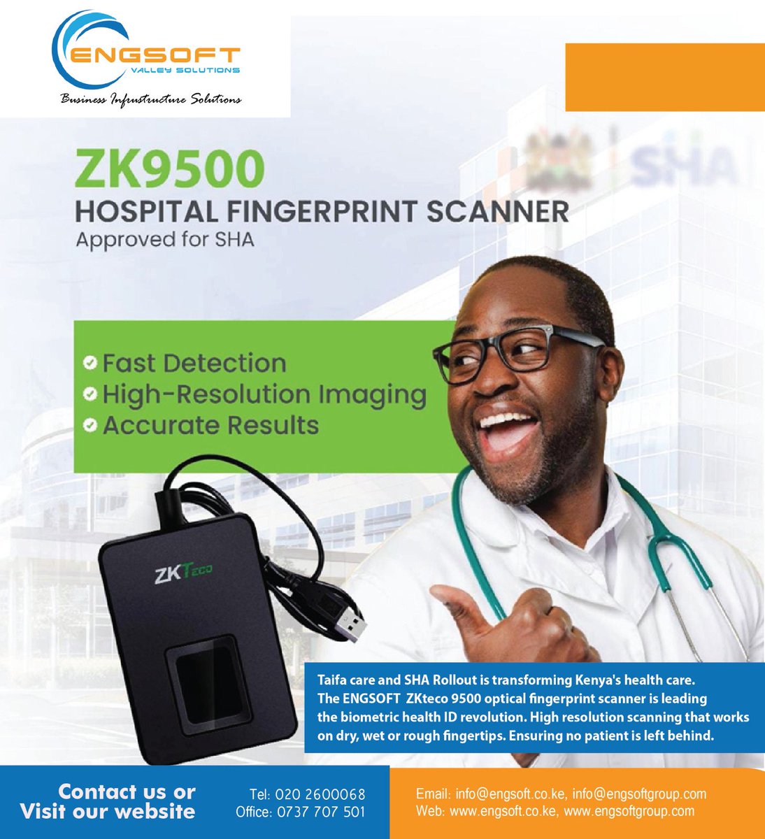 EngsoftKenya's tweet photo. Taifa care and SHA Rollout is transforming Kenya's health care. The ENGSOFT ZKteco 9500 optical fingerprint scanner is leading the biometric health ID revolution. High resolution scanning that works on dry, wet or rough fingertips. 
https://t.co/puPWEIYd7o https://t.co/qDolHCX9Es