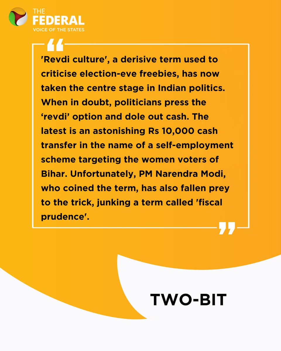 TheFederal_News's tweet photo. The Federal's Two Bit | PM Modi, who coined the term 'Revadi Culture', has also fallen prey to the trick.
Track the latest news at https://t.co/F4yb4VqaIQ.
#Modi #RevadiCulture #Freebies #Elections #Bihar https://t.co/AT9V3UgNnu