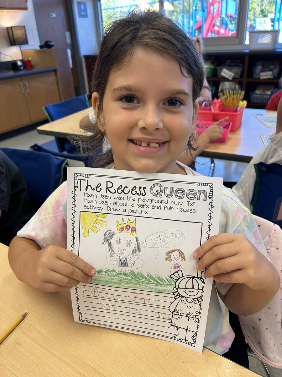 MrsWeiss1st's tweet photo. Today we read The Recess Queen! Students discussed and wrote about safe and fair activities Jean could be doing instead! Nice focus first grade! https://t.co/41ifLr7hXq