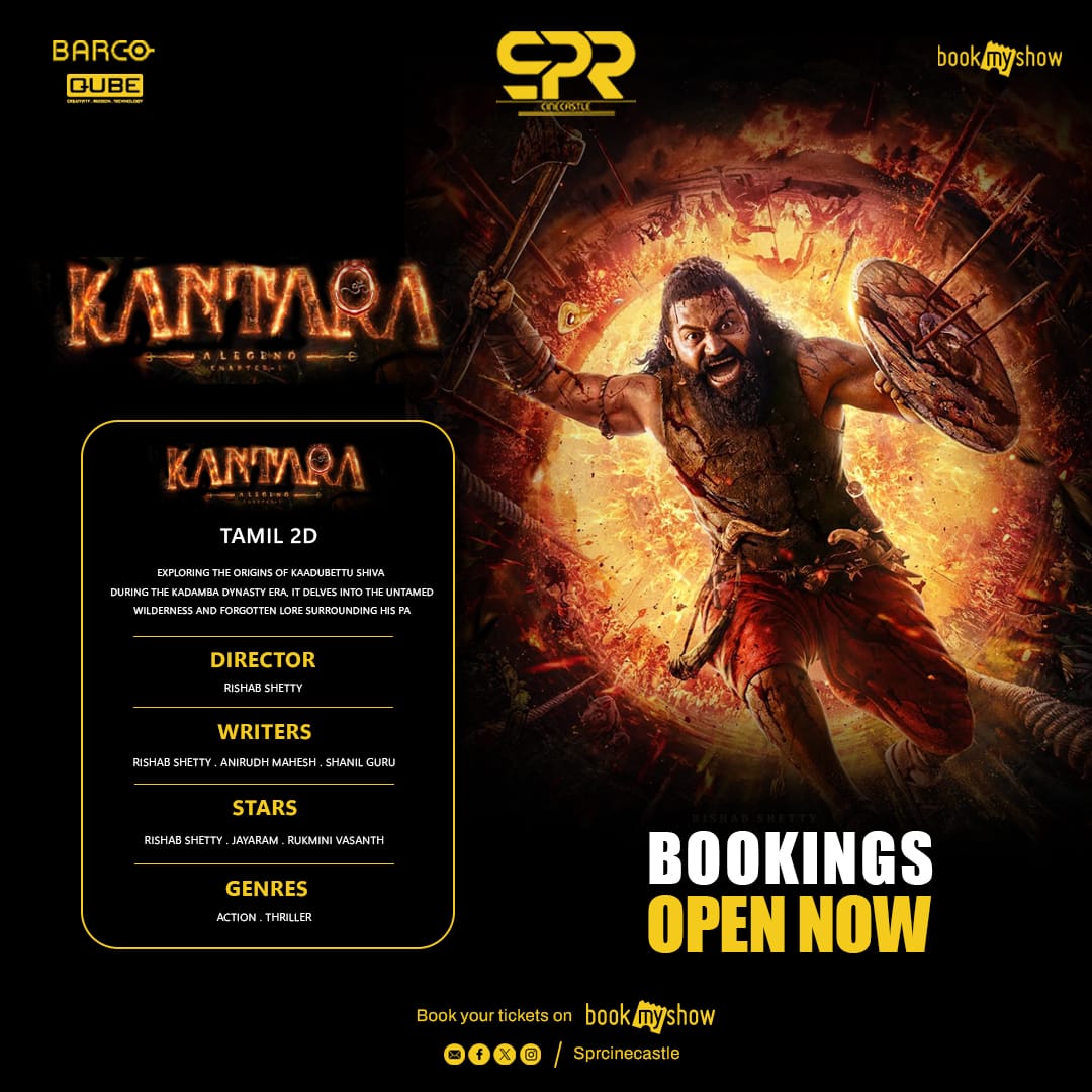 SPRcinecastle's tweet image. Get ready for the most epic premiere show TONIGHT! 🌃🔥🎬 &quot;Kantara: Chapter 1&quot; hits the screens at 11:00 PM! 🕰️ Don&apos;t miss the mythological action drama that&apos;s breaking records! 💥 Book your tickets now and experience the grandeur! 🎥🔝 #KantaraChapter1 #PremiereShow…