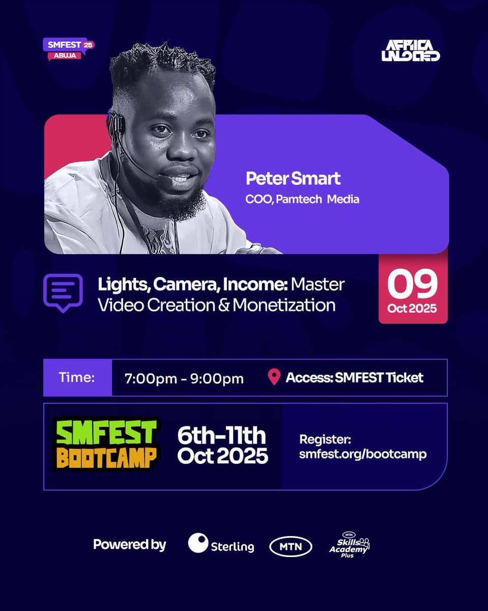 Smfest_Official's tweet image. Ready to turn your videos into income streams?

Join Peter Smart (COO, Pamtech Media) at SMFest Bootcamp as he shares on:
🎬 Lights, Camera, Income: Master Video Creation &amp;amp; Monetization

🔗 Register now 👉 smfest.org/bootcamp

#SMFest2025 #VideoMonetization #ContentCreation