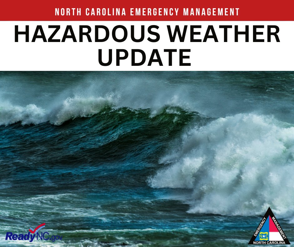 NCEmergency's tweet photo. Hazardous Weather Update 10.1.25:  Expect gusty winds today across central and eastern parts of the state, with the coast seeing the most significant gusts. Dangerous swells and rip currents will remain up and down the coast this week so stay out of the water! #ReadyNC https://t.co/qSKO1xfex0
