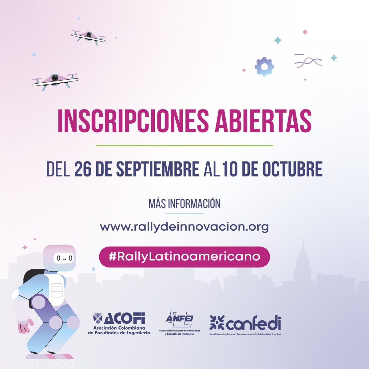 🌎 Ideas que conectan a toda América Latina 🌎

📆 El 10 y 11 de octubre llega el <a href="/RallyInnovacion/">Rally Latinoamericano de Innovación</a>.

🙌 Participá con tu equipo.

Más información en 👉 rallydeinnovacion.org

#RallyLatinoamericano <a href="/acofi/">ACOFI</a> <a href="/ANFEI_Oficial/">ANFEI</a>