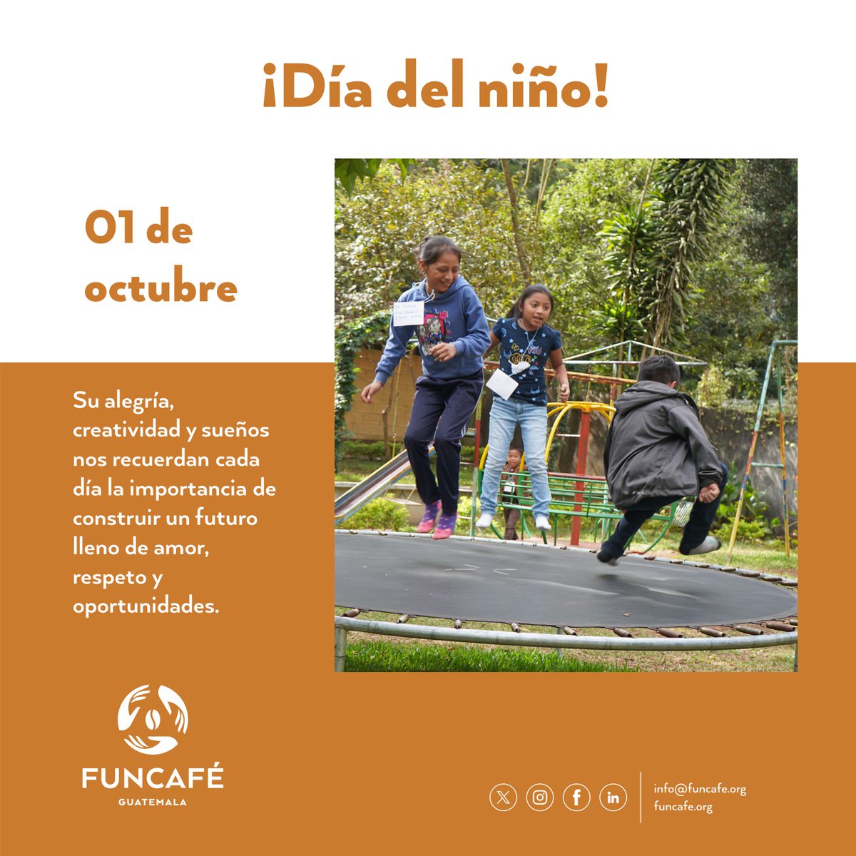 ¡Feliz Día del Niño! 🧒👧
Hoy conmemoramos la alegría, creatividad y esperanza que los niños y niñas inspiran en nuestras comunidades. 
#Funcafé, promueve espacios seguros que les garantiza bienestar, educación y oportunidades de desarrollo.
#felizdiadelniño2025 #Funcafé