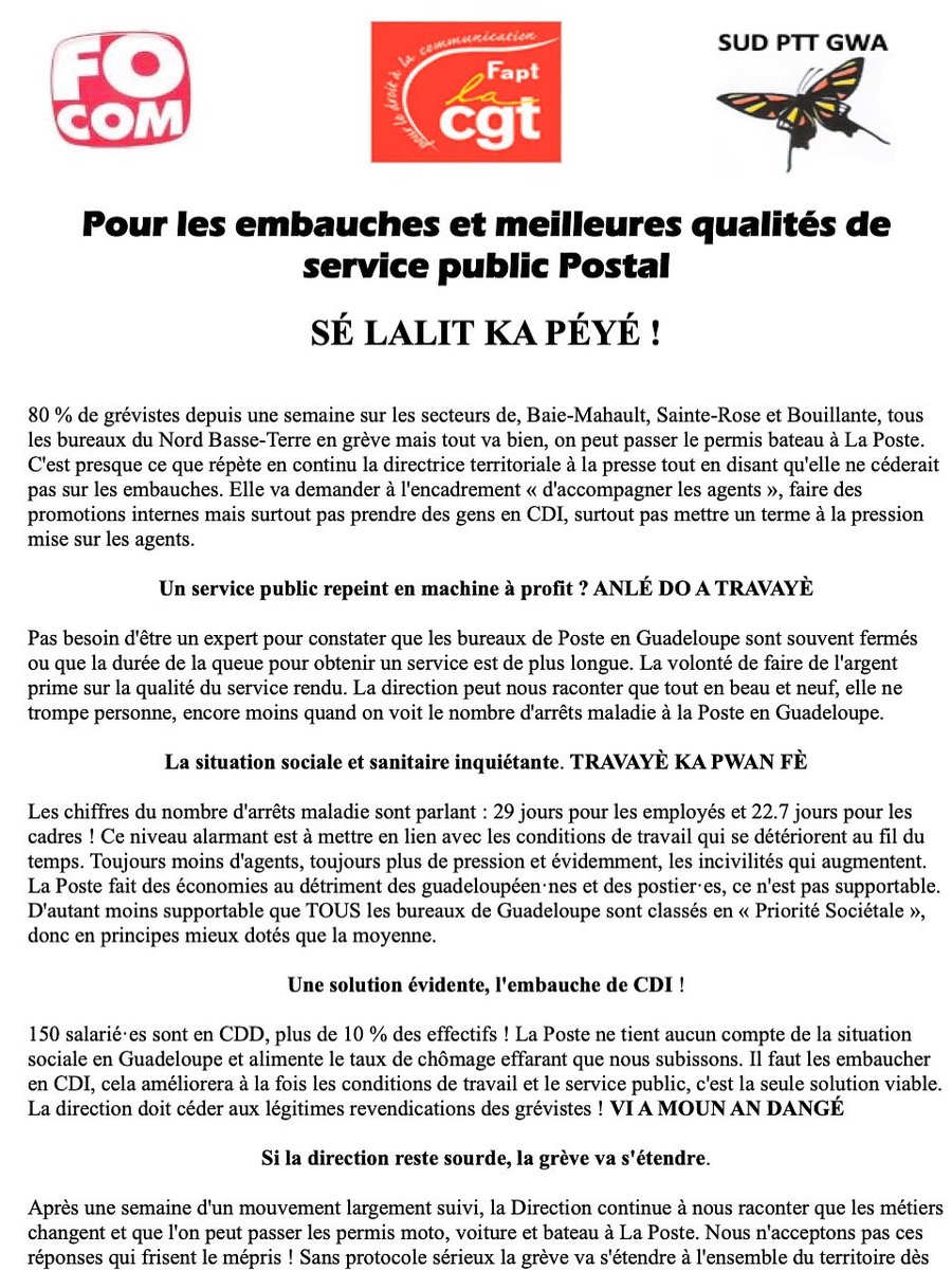 Soutien aux postier·es de Guadeloupe en grève depuis plus d’une semaine. Pour des embauches, un service public de qualité, la lutte se poursuit dans les bureaux de Poste de nord Basse-Terre !
