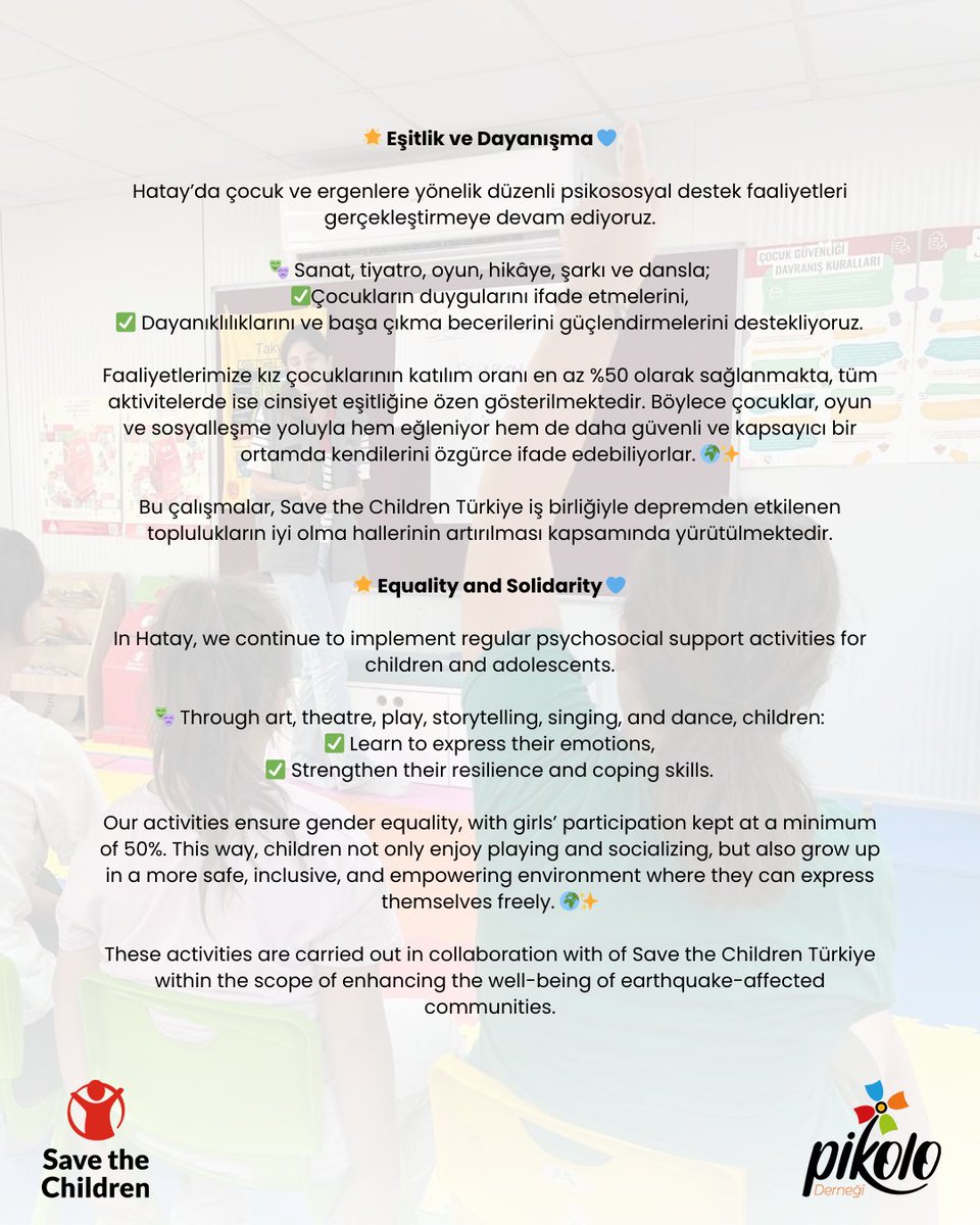 pikolodernegi's tweet image. 🌟 Eşitlik ve Dayanışma 💙

🌟 Equality and Solidarity 💙

@SaveChildrenTR 

#CinsiyetEşitliği #PsikososyalDestek #ÇocuklarınGücü #GenderEquality #MHPSS #PowerOfChildren