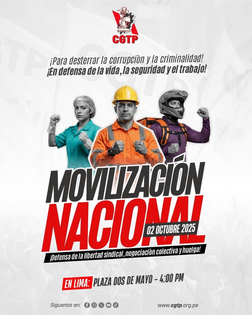 La CGTP convoca a la gran movilización nacional del 2 de octubre. Trabajadores y trabajadoras de todo el país levantarán su voz por salarios y pensiones dignas, la libertad sindical, la negociación colectiva y el derecho a huelga.