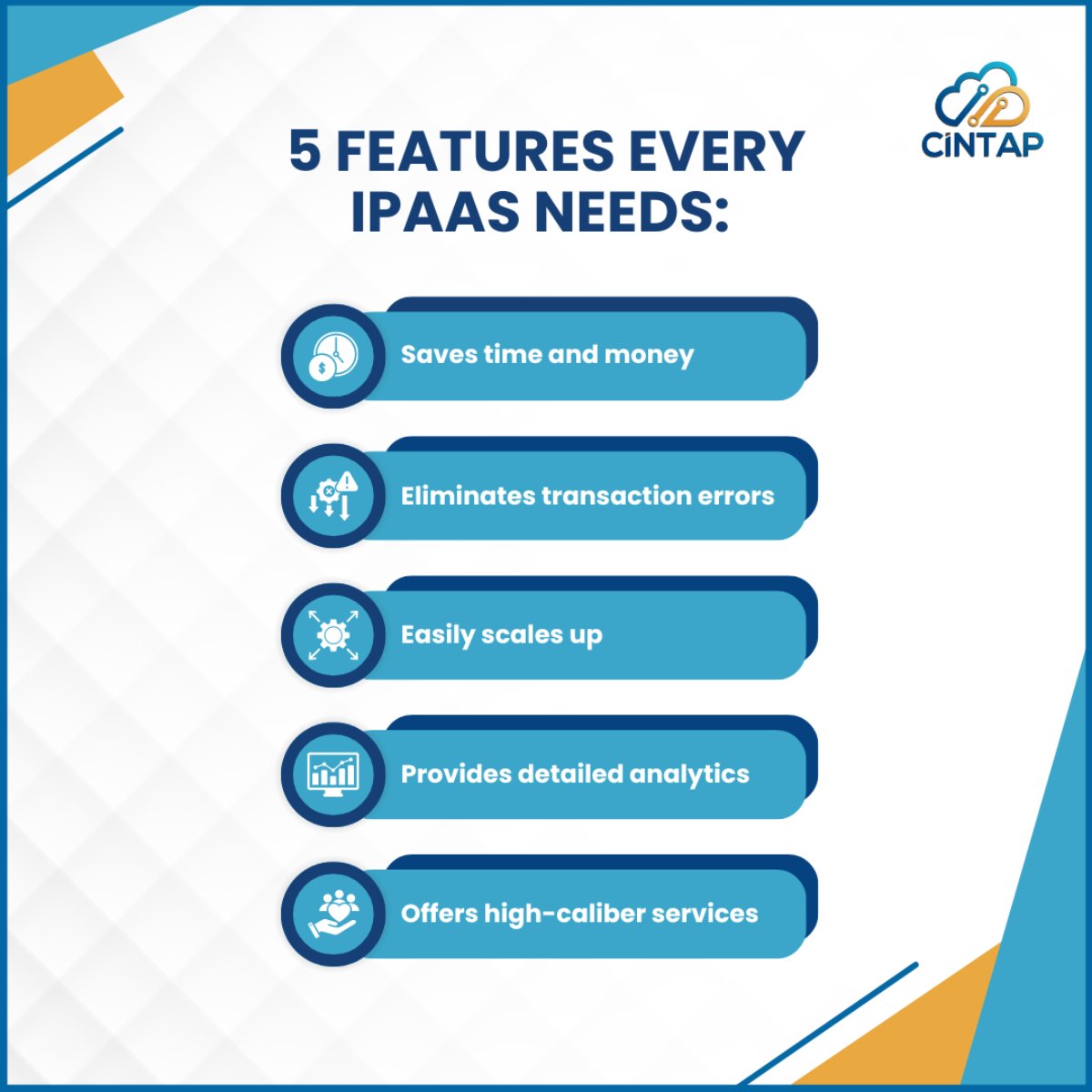CINTAP_Inc's tweet image. These features are all crucial to a successful iPaaS.

But for YOUR success, the true key is personalization.

With a dedication to providing the best service to every customer while still meeting specific needs, CINTAP Cloud is the best integration platform for any company.