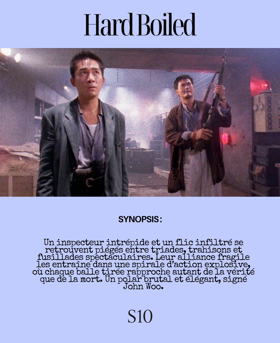S10cine's tweet image. Sélection de nos coup de cœur de septembre 🎬

Voici 8 pépites qu’on a découvert ce mois-ci, et on commence par ce grand classique de John Woo, HARD BOILED.