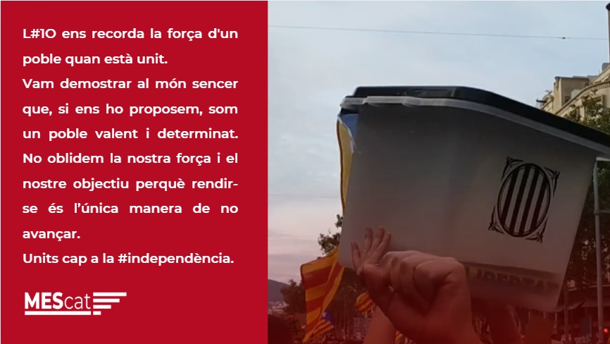 L' #1O ens recorda la força d'un poble quan està unit. 
Vam demostrar al món sencer que, si ens ho proposem, som un poble valent i determinat. 
No oblidem la nostra força i el nostre objectiu perquè rendir-se és l'única manera de no avançar.
#VamVotarVamGuanyar
#Independència