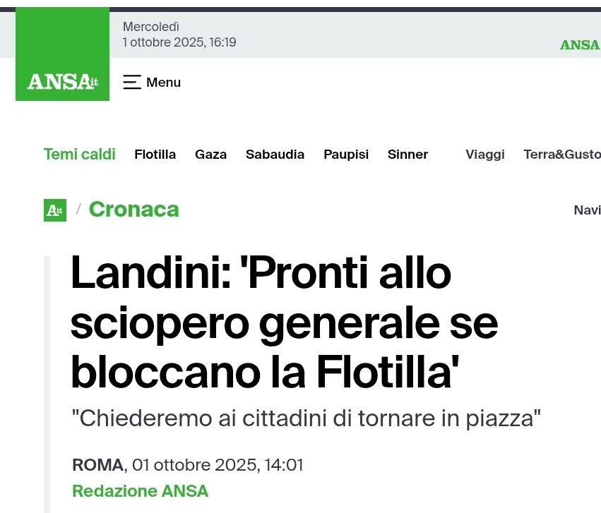 #Landini : " #scioperogenerale se Israele blocca #flotilla "
1) A #Netanyahu non frega un cazzo di uno sciopero in Italia
2) L'unico obiettivo (inutile) della sinistra è rompere i coglioni all'esecutivo ma i risultati delle #elezioniregionalimarche parlano chiaro: #maipiuPD