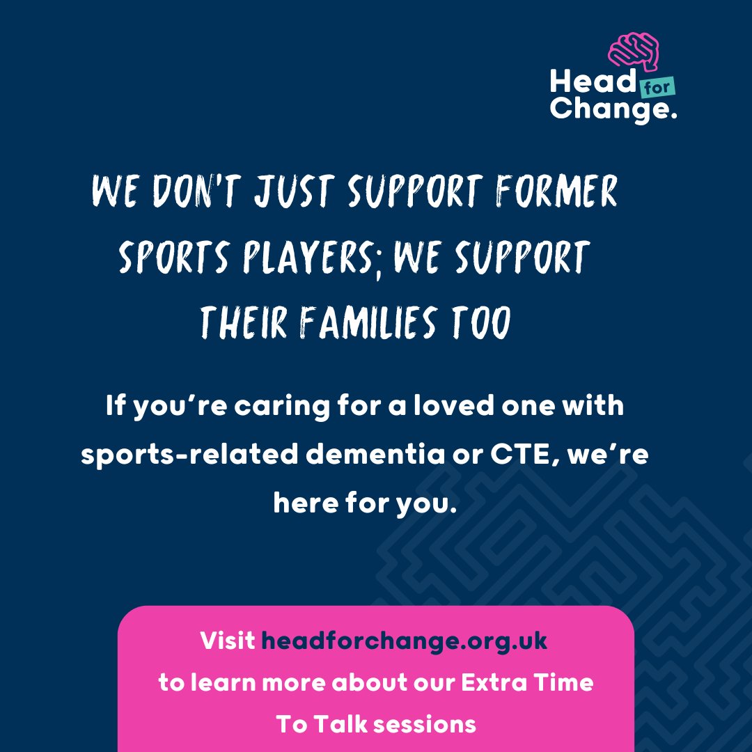 Head4Change's tweet photo. We don’t just support former sports players; we support their families too.

If you’re caring for a loved one with sports-related dementia or CTE, we’re here for you.

Visit our website to learn more about our Extra Time To Talk virtual coffee mornings.

#ExtraTimeToTalk https://t.co/UxQD3ajMDy