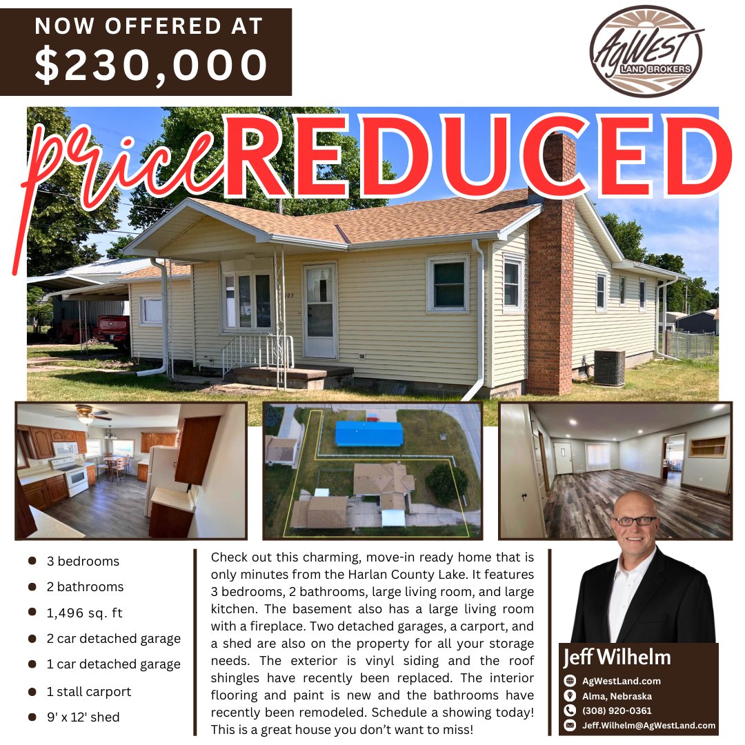 The price has been reduced for this very nice home in Alma, NE - now $230,000!
For more information or to schedule a showing, call Jeff Wilhelm at (308) 920-0361.
Or visit our website: agwestland.com/.../3-bed-2-ba…
#AgWestLandBrokers #PriceReduced #HouseForSale