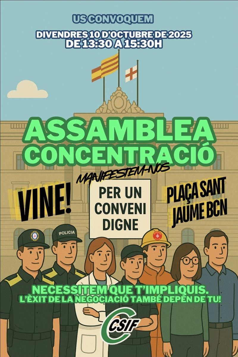 🟢 Mobilitzat!! Un nou bon acord requereix de tu, de totes i tots. El proper 10 d'octubre de les 13.30h a les 15.30h et convoquem a la plaça Sant Jaume. L'èxit de la negociació també depèn de tu!! Més força més drets i millors condicions econòmiques, professionals i socials.