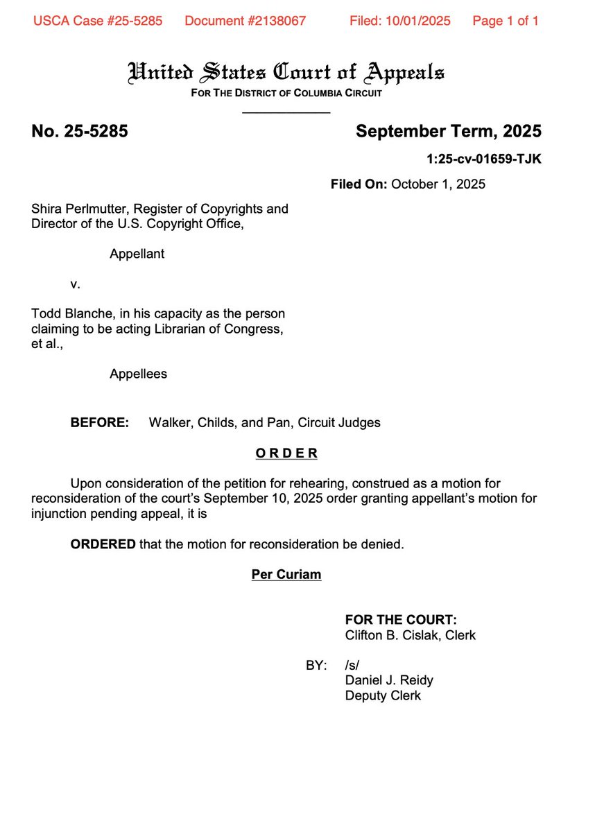 AdamEisgrau's tweet image. BREAKING: The DC Circuit panel that reinstated Register of Copyrights Perlmutter on 9/10 has DENIED the Administration's request for recon of that Order and permanently enjoined her from being dismissed pending appeal: