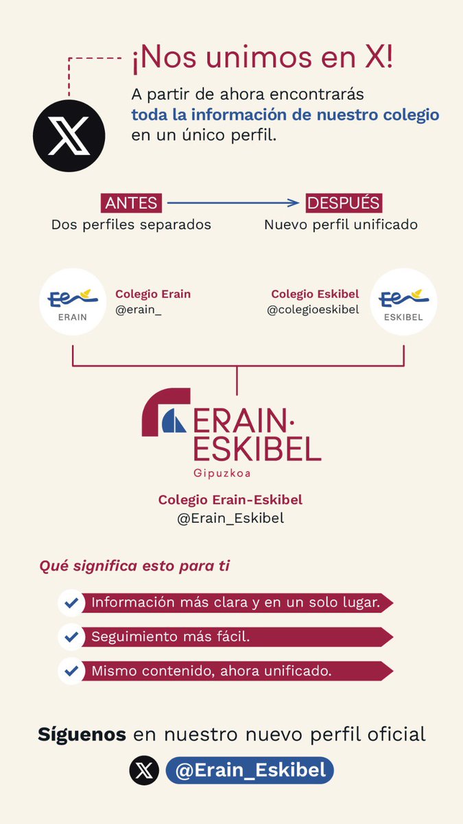¡Nos unimos en X! 🎉 A partir de ahora, toda la información de nuestro colegio estará disponible en un solo perfil: @Erain_Eskibel. 📲

🔹 Información más clara.
🔹 Seguimiento más fácil.
🔹 Mismo contenido, ahora unificado.

¡Síguenos en nuestro nuevo perfil oficial!