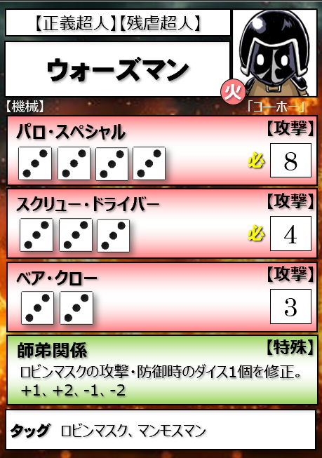 no_be_'s tweet photo. 溢れるキン肉マン愛を注ぎ込んで、キン肉マンの同人ボードゲームを作っています。
超人チームを組んでダイスバトル。
こちらはテストプレイ用カード。今は私のラクガキですが、頒布版はプロの絵師・時輪さんの凛々しいイラスト&amp;デザインでカッコよくなります。
#ウォーズマン生誕祭 https://t.co/3yGsg10z2t